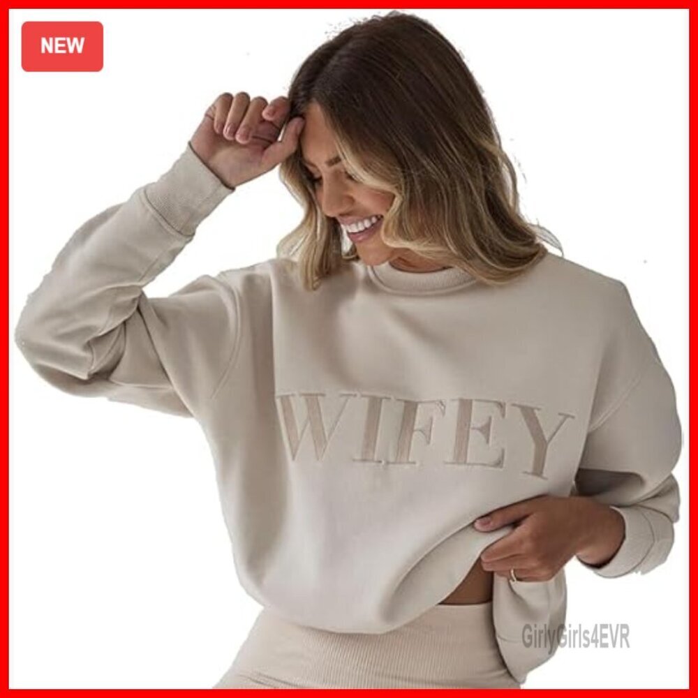 Oversized Crewneck Sweatshirt Embroidered Wifey Design Soft Fleece Lined